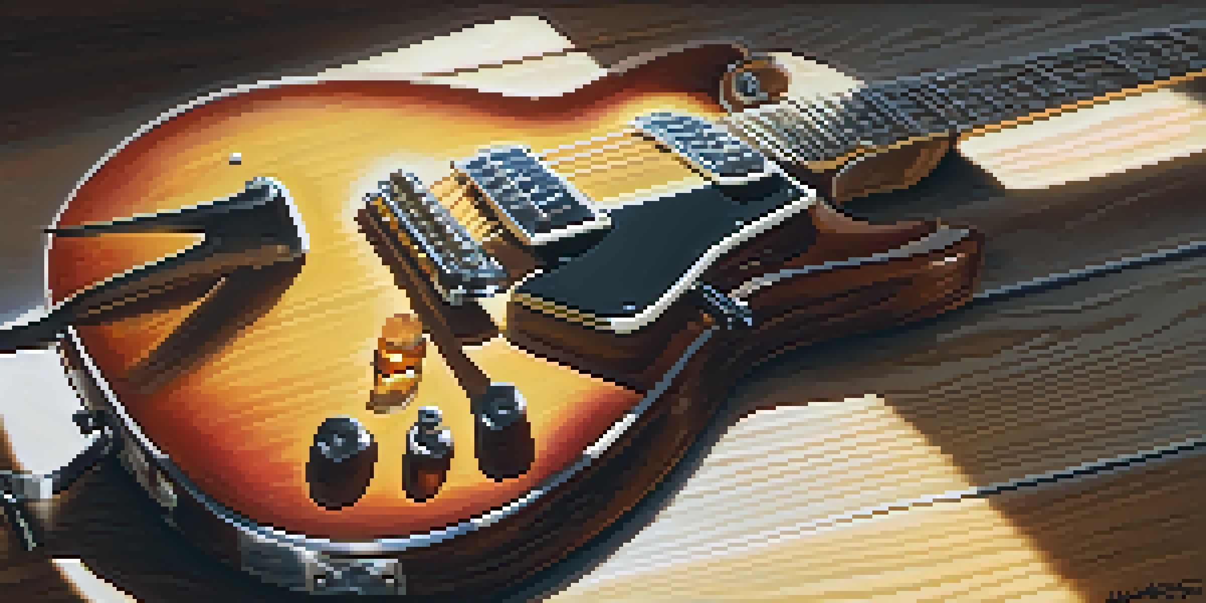 A close-up view of a vintage electric guitar resting on a wooden table, illuminated by sunlight, showcasing its detailed craftsmanship.