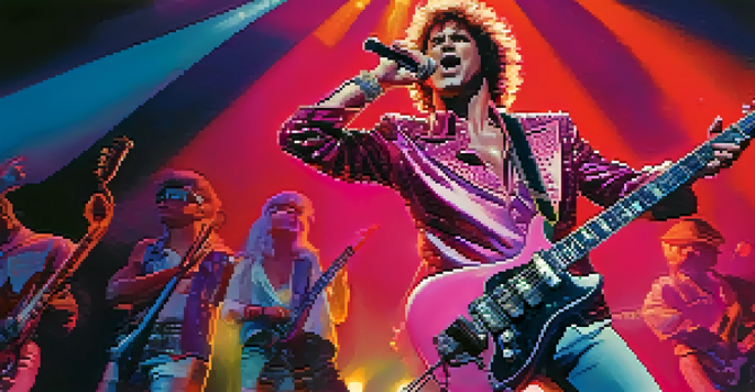 A lively 1980s rock concert with a guitarist in a flamboyant outfit, bright stage lights, and an enthusiastic audience.
