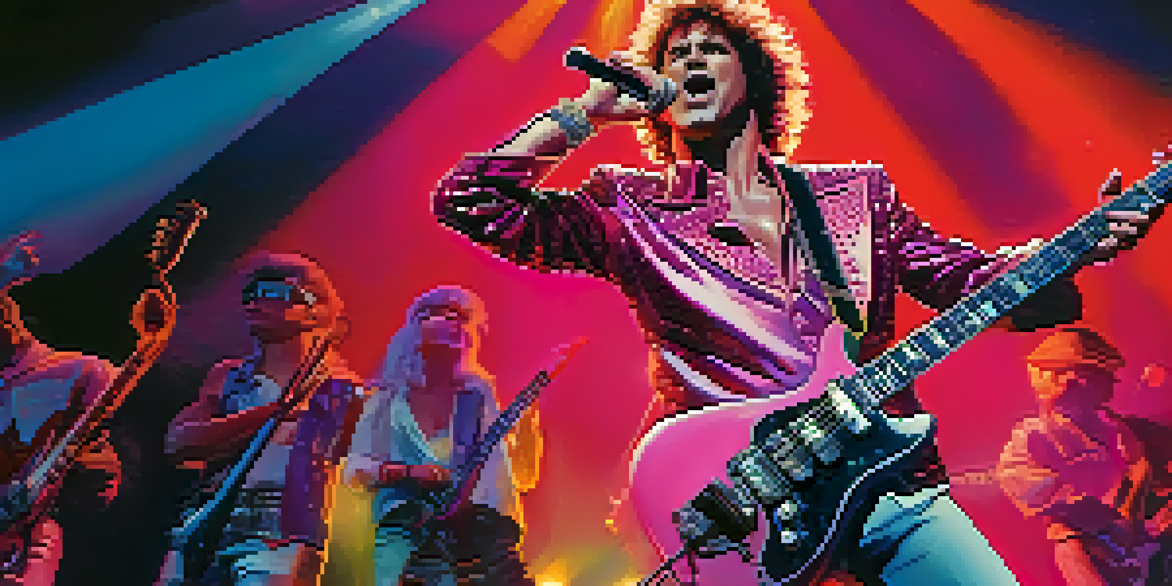 A lively 1980s rock concert with a guitarist in a flamboyant outfit, bright stage lights, and an enthusiastic audience.