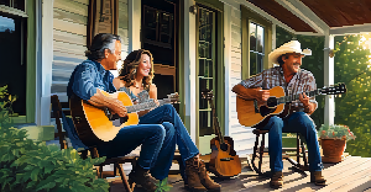 Two country music legends sitting on a rustic porch with guitars, sharing stories and laughter at sunset.