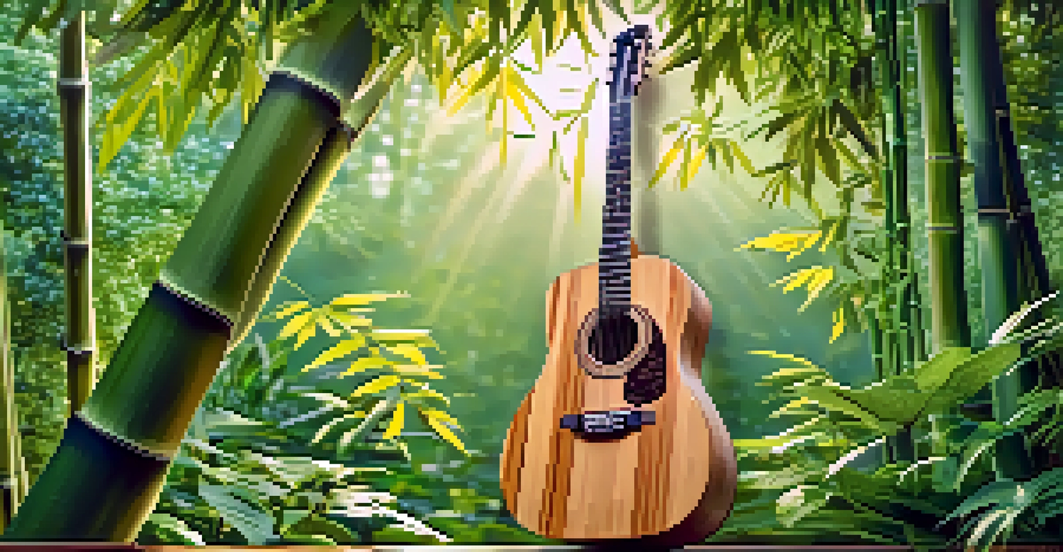An eco-friendly bamboo guitar displayed in a green outdoor setting, with sunlight filtering through leaves creating dappled shadows.