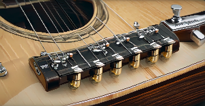 A close-up view of a guitar neck displaying upgraded tuners, with a vintage amplifier blurred in the background, illuminated by warm lighting.