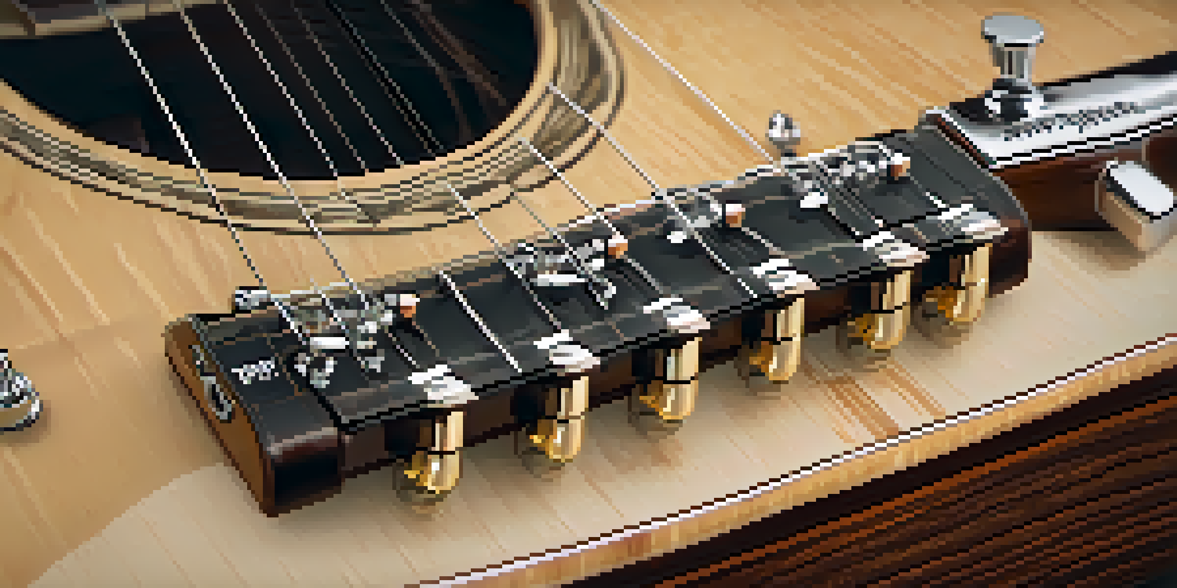 A close-up view of a guitar neck displaying upgraded tuners, with a vintage amplifier blurred in the background, illuminated by warm lighting.
