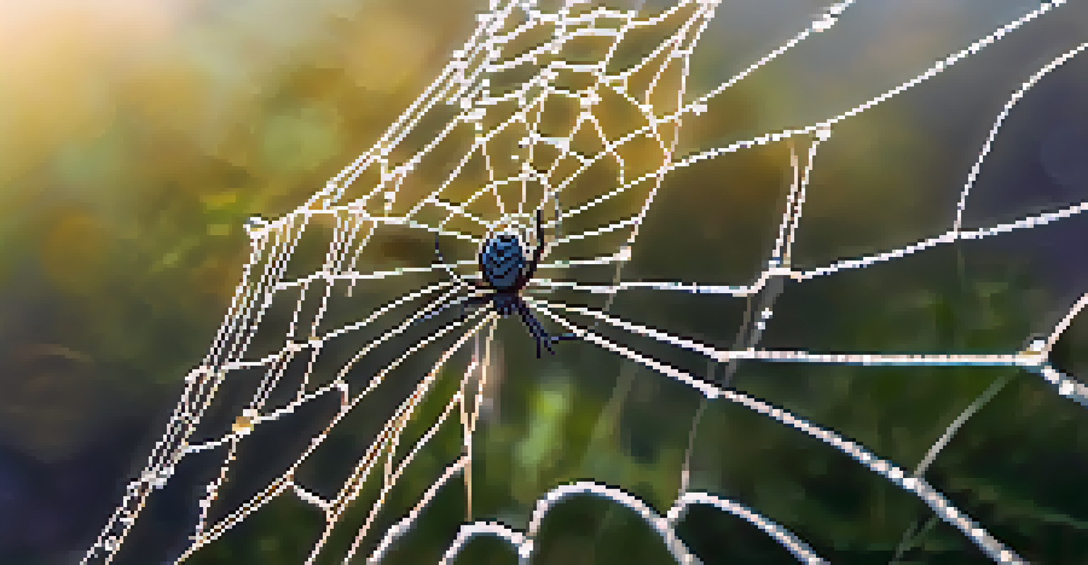 A spider climbing a web with its legs moving independently, set in a softly lit morning scene with dew drops.
