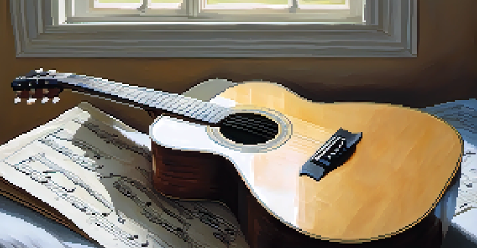 A close-up of a wooden acoustic guitar on vintage music sheets with soft light illuminating the scene.