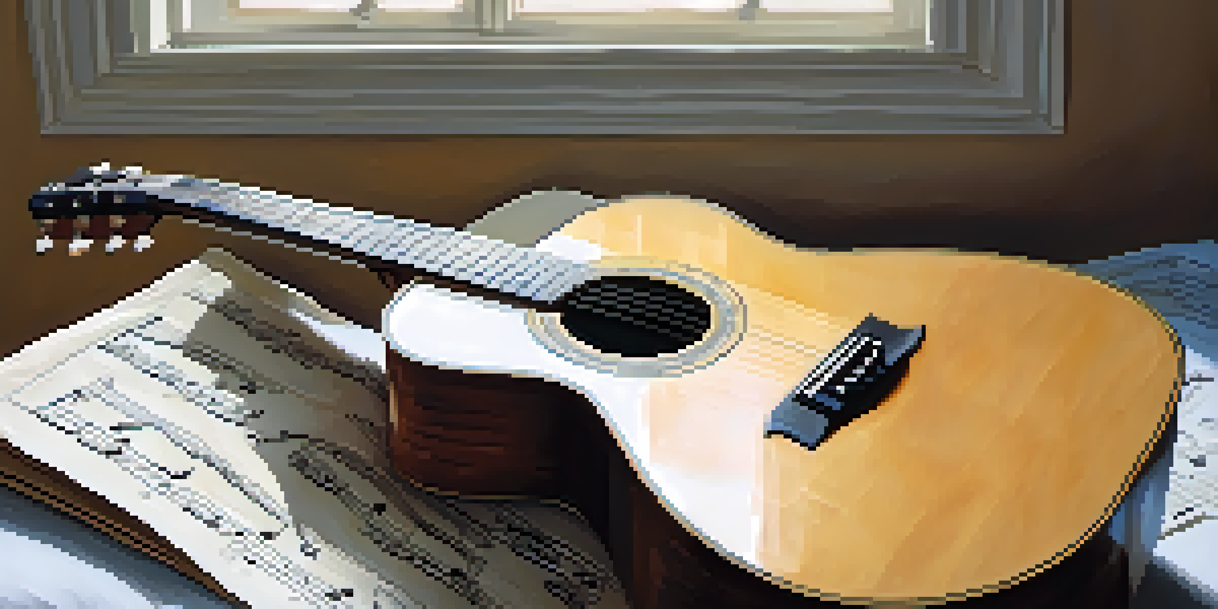 A close-up of a wooden acoustic guitar on vintage music sheets with soft light illuminating the scene.