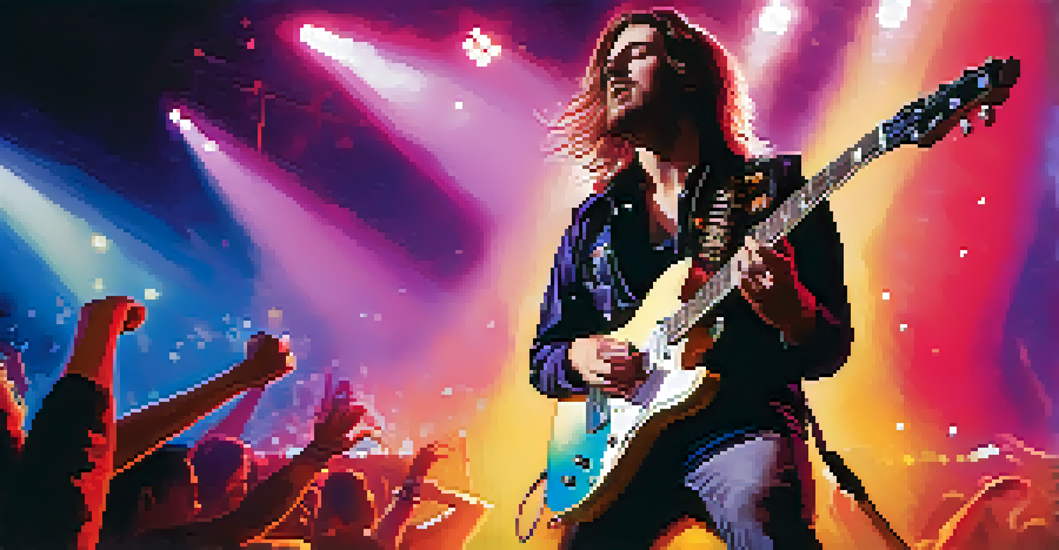A musician performing energetically with an electric guitar on stage, surrounded by colorful lights and a cheering crowd, conveying the excitement of a live concert.