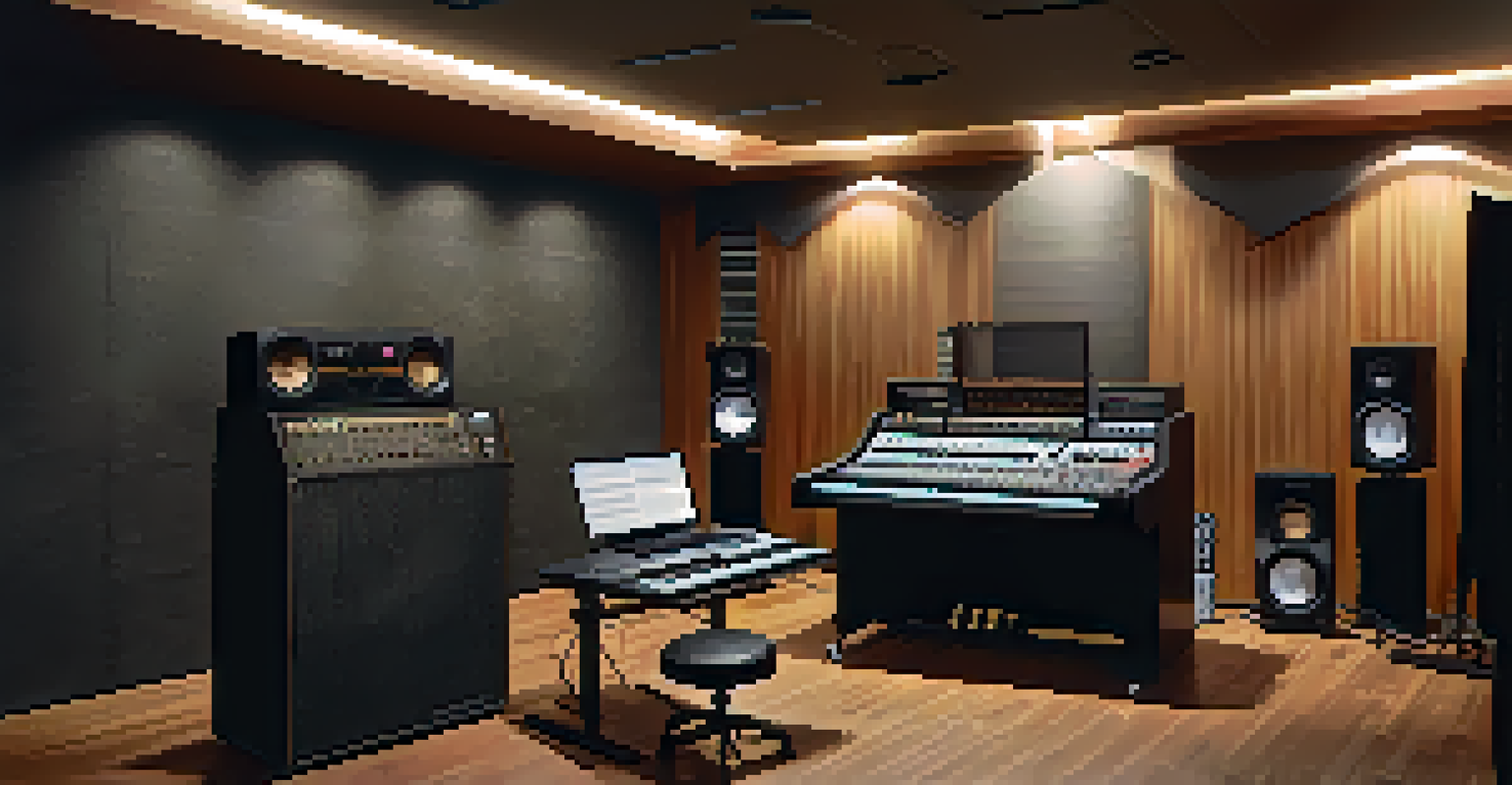 A modern recording studio with a guitarist in the center, showcasing a mix of concrete walls and acoustic panels.