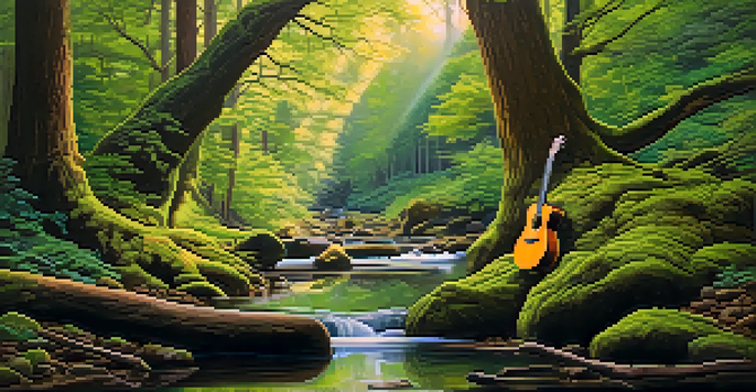 A peaceful forest with different types of trees, sunlight shining through leaves, a stream, and a guitar leaning against a tree.