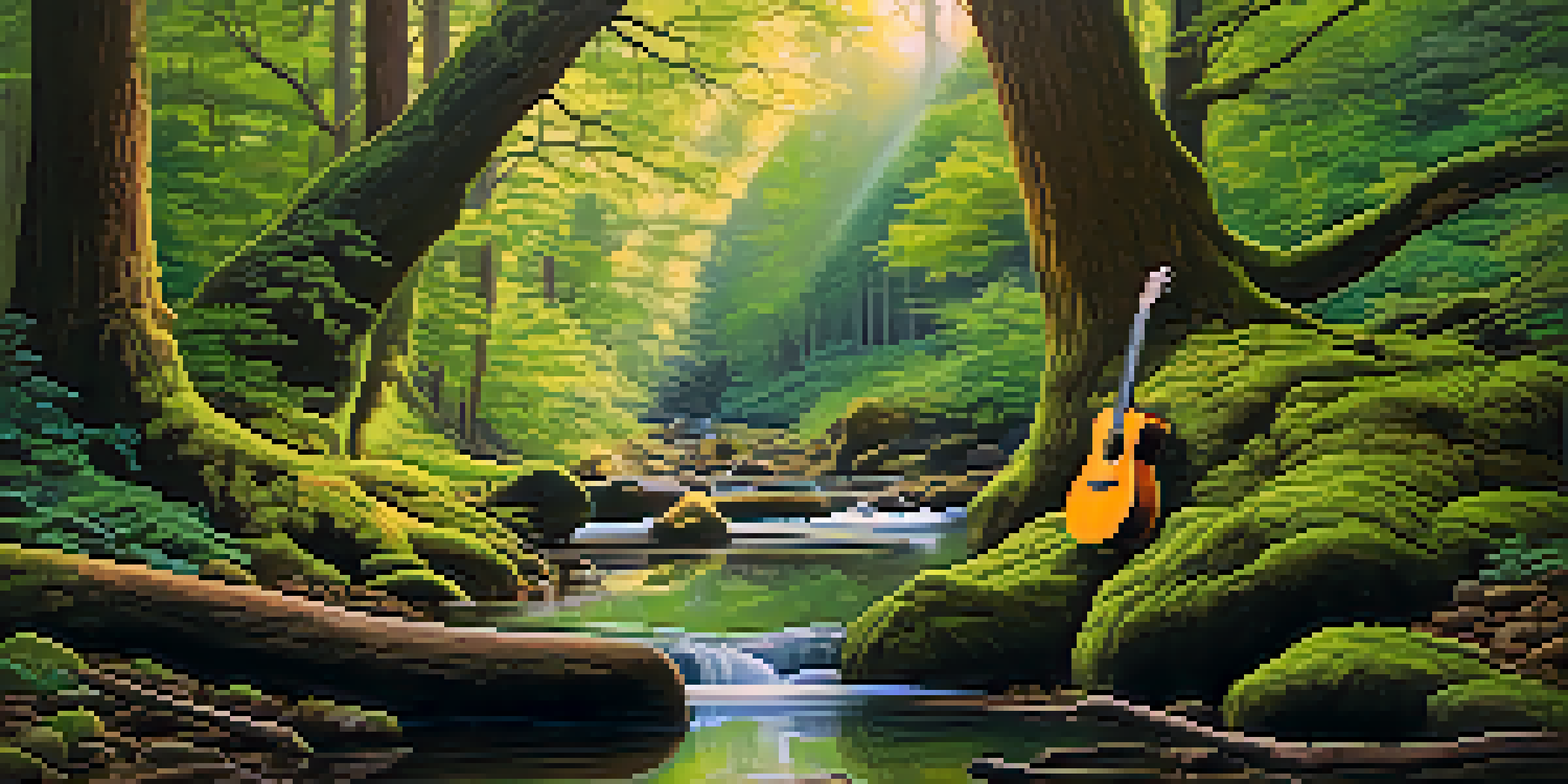 A peaceful forest with different types of trees, sunlight shining through leaves, a stream, and a guitar leaning against a tree.