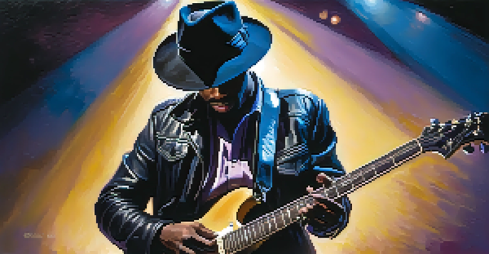 A vintage blues guitarist performing on stage, surrounded by a smoky atmosphere and warm lighting.