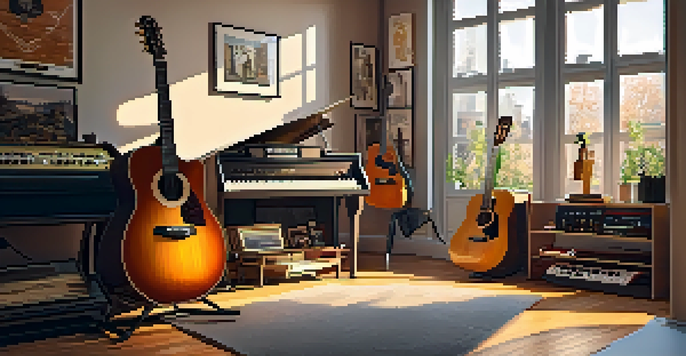 A cozy home music studio with an acoustic guitar on a stand, vinyl records, and posters of guitarists, illuminated by soft natural light.