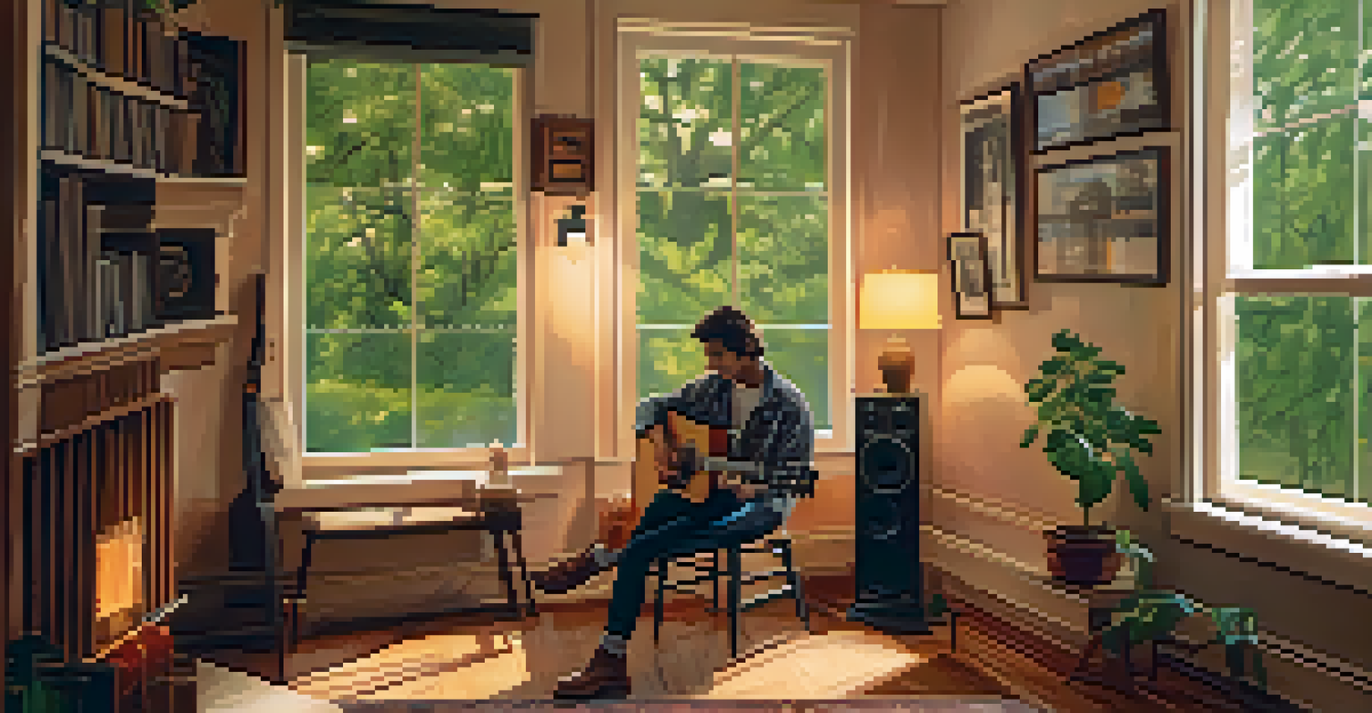 A musician sitting on a stool, playing an acoustic guitar in a cozy home studio with warm lighting and music decorations.