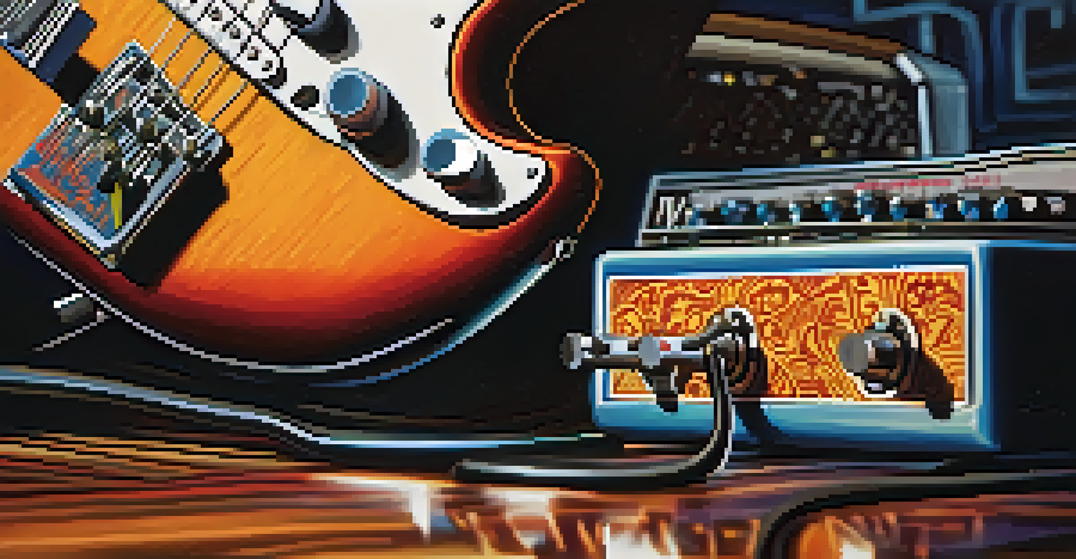 A close-up of a guitarist's foot pressing a distortion pedal on a pedalboard, showcasing the pedal's intricate design.