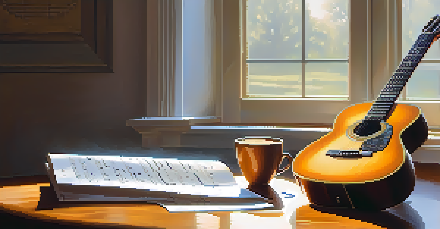 An artistic arrangement of a guitar, sheet music, and a cup of coffee on a wooden table, illuminated by soft morning light.