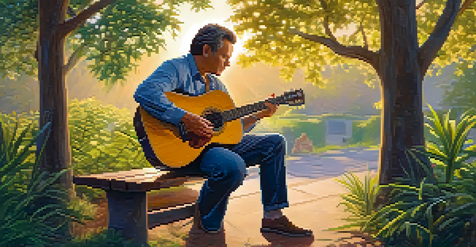 A musician playing an acoustic guitar outdoors, surrounded by greenery and a sunset backdrop.