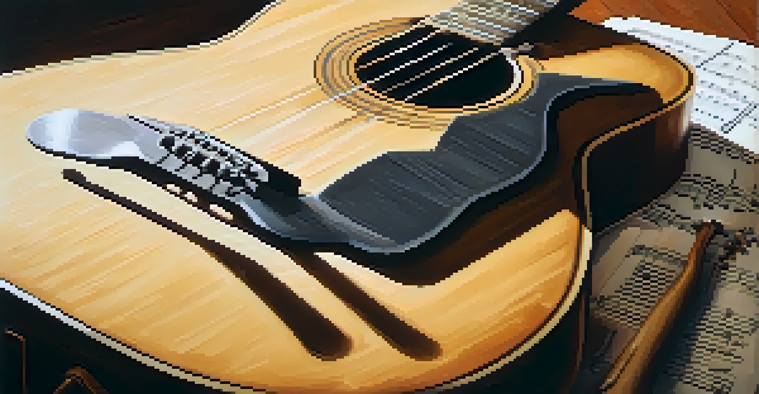 A close-up of a guitar on a wooden stage with sheet music and a soft spotlight highlighting its details.