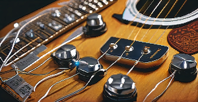 A detailed close-up of a guitar's electronics with visible wiring, pickups, and a soldering iron, highlighting the components and textures.