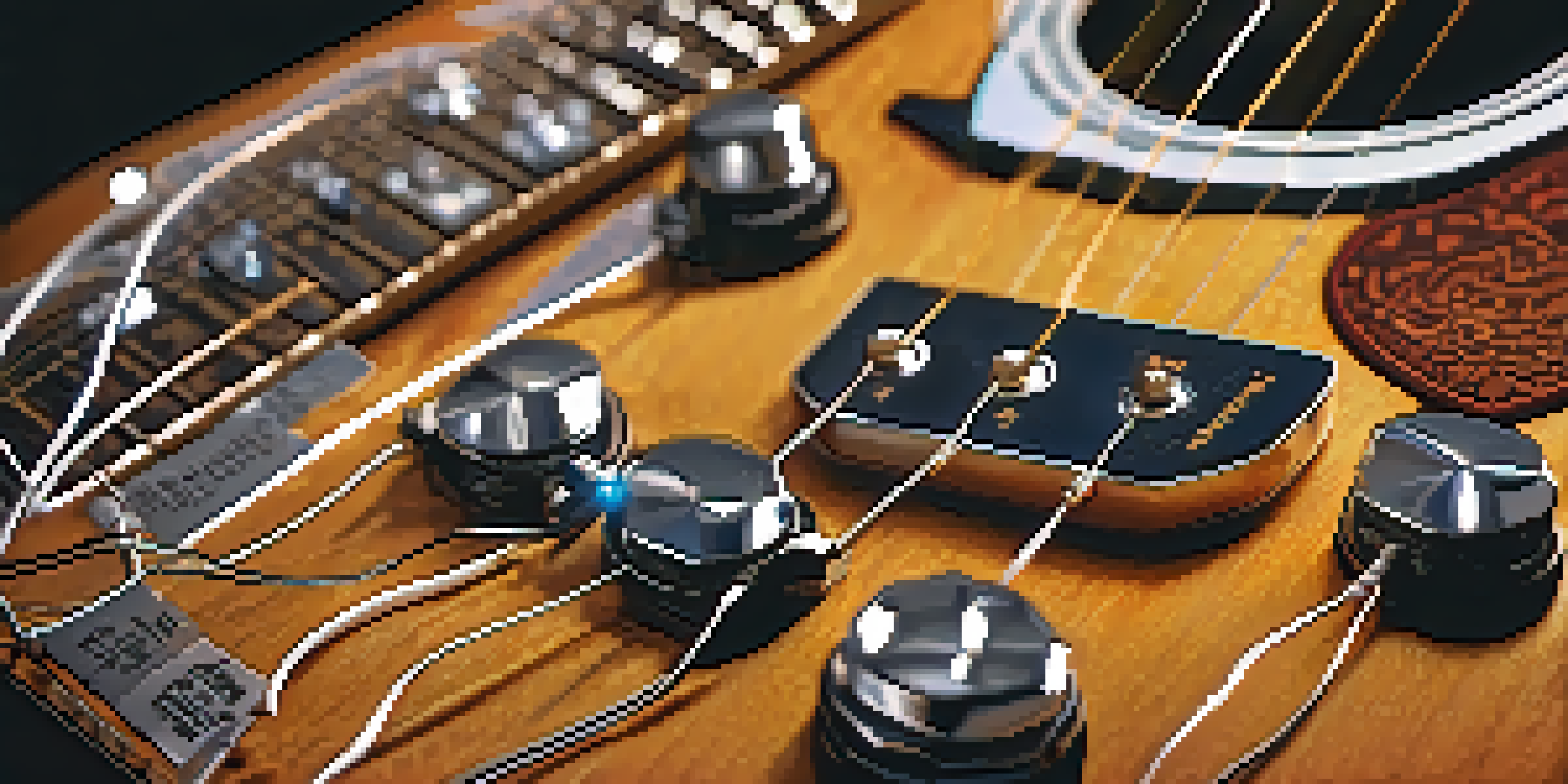 A detailed close-up of a guitar's electronics with visible wiring, pickups, and a soldering iron, highlighting the components and textures.