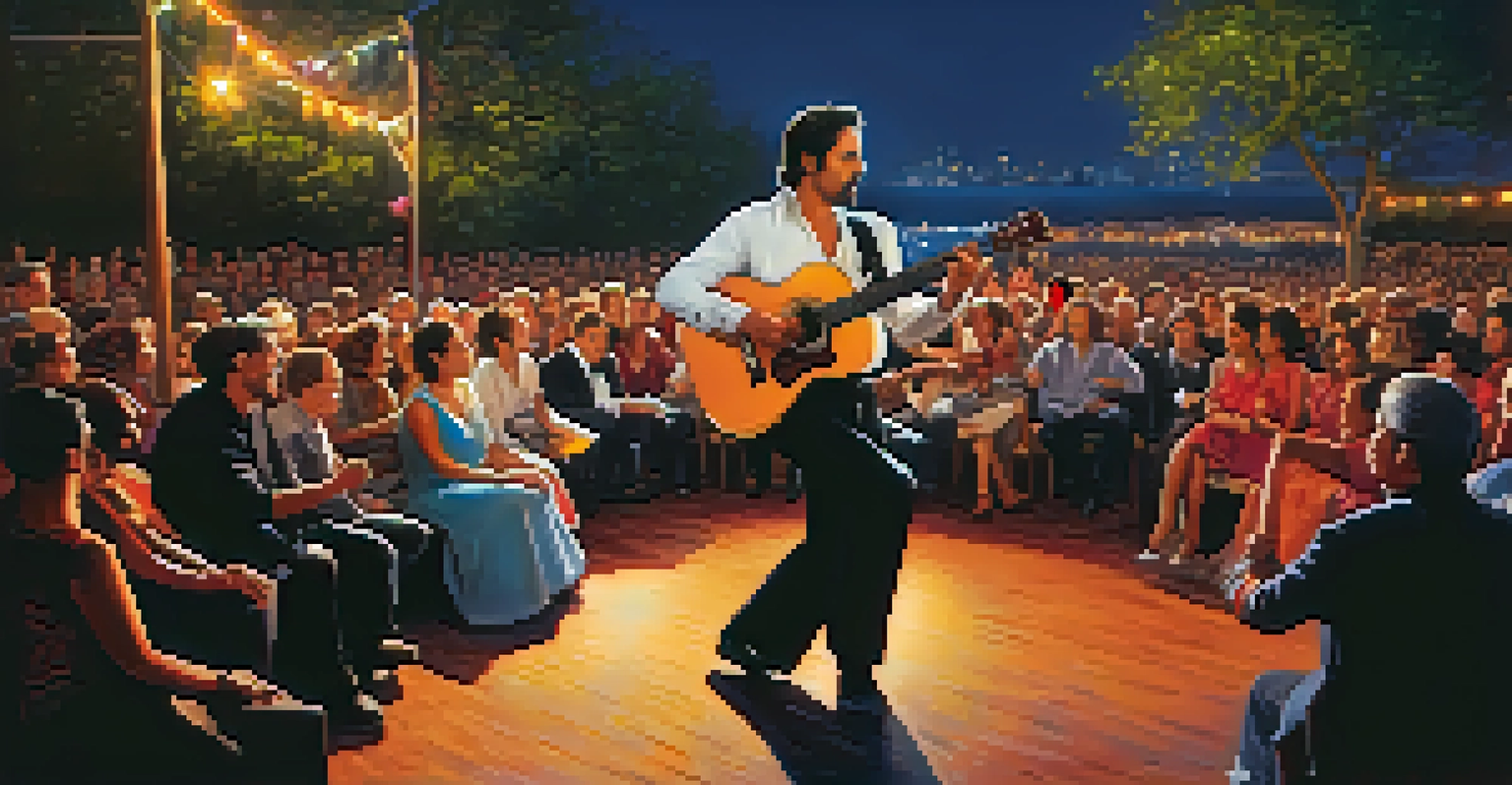 A flamenco guitarist performing outdoors, surrounded by an engaged audience, with colorful decorations and vibrant lighting.