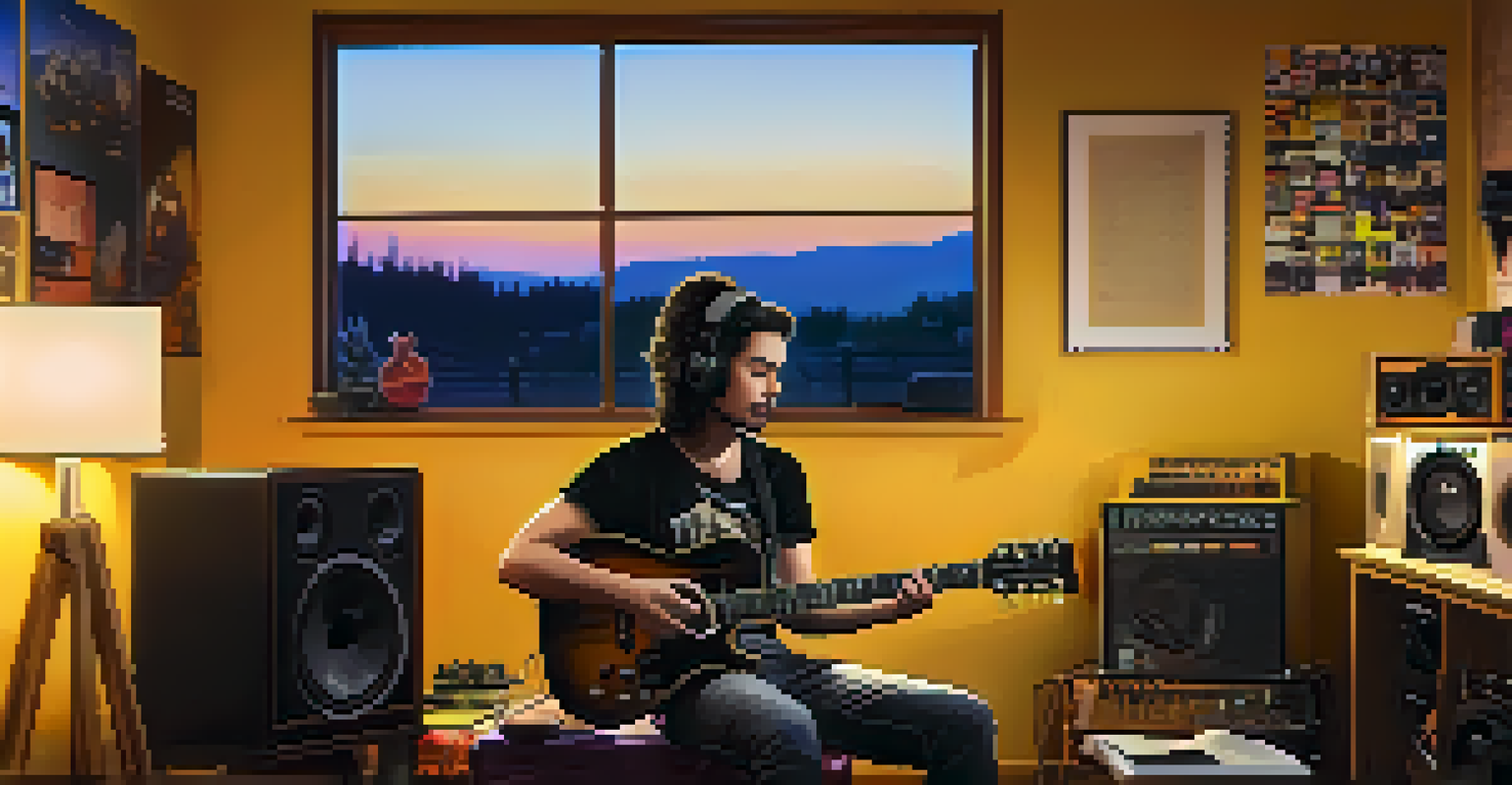 A guitarist in a home studio, recording on a laptop with musical instruments around and a sunset visible through the window.