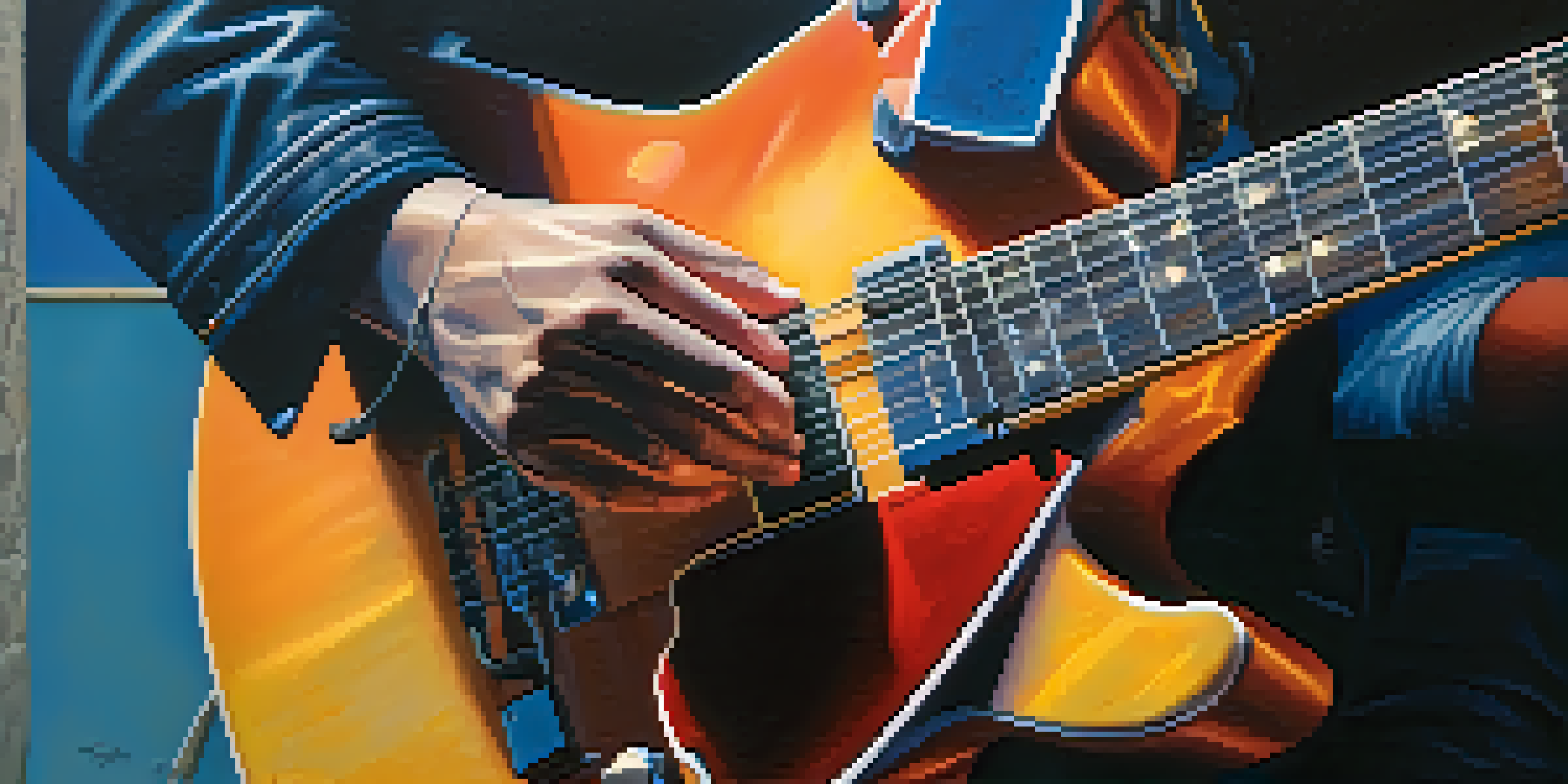 A guitarist playing a U shape neck guitar, focusing on hand positioning and neck thickness with vibrant stage lights.