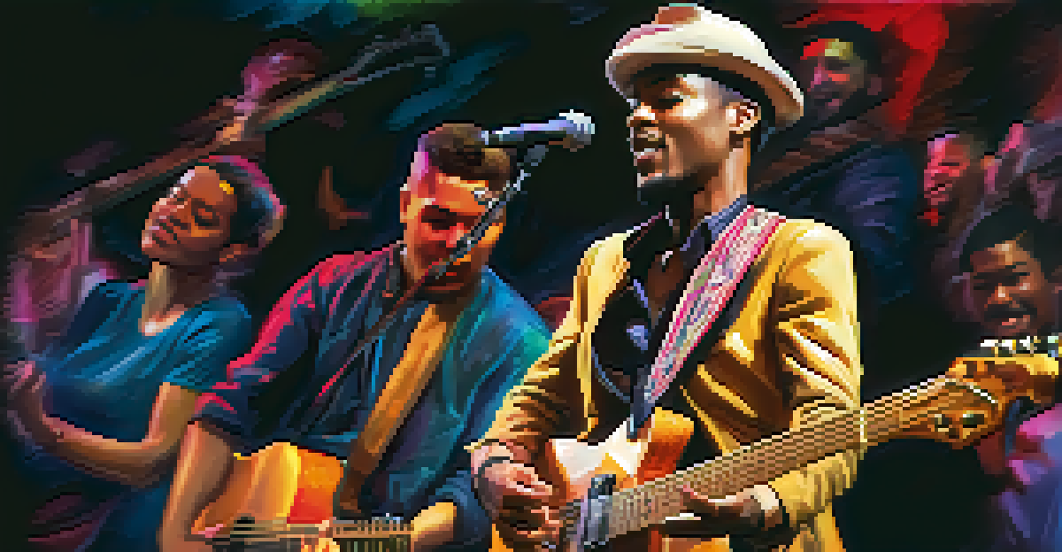 A guitarist performing on stage, blending flamenco and hip-hop styles, with vibrant stage lights and an engaged audience.