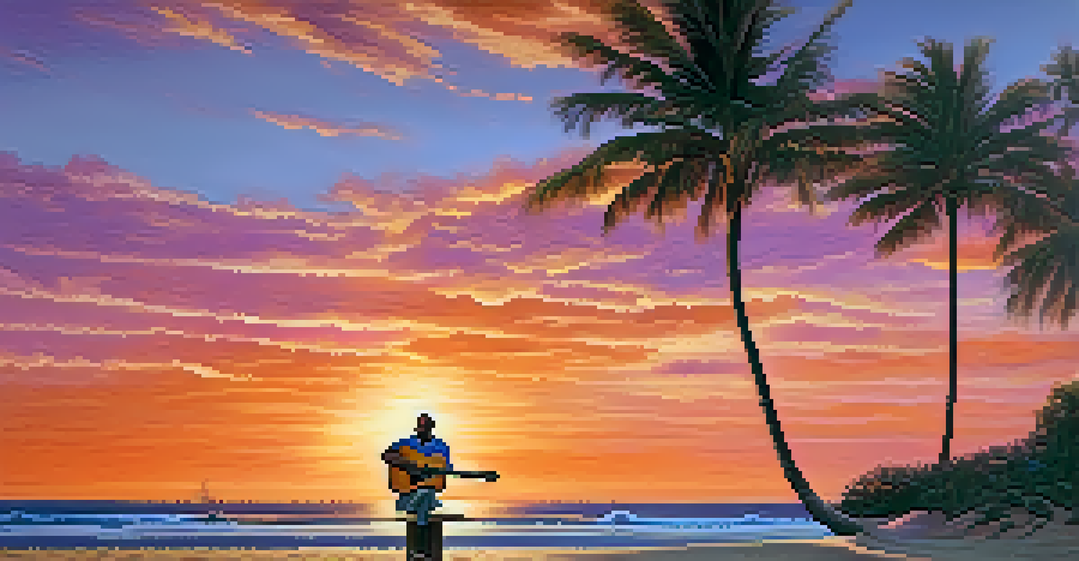 A bossa nova guitarist seated on the beach at sunset, with a beautiful view of the ocean and palm trees in the background.