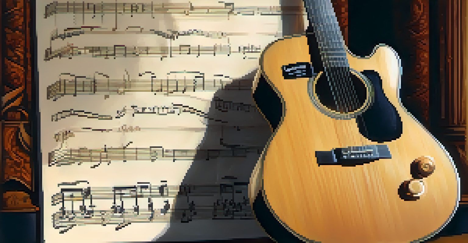 A side view of a guitar featuring a flat-top bridge, positioned against sheet music and illuminated with dramatic lighting.