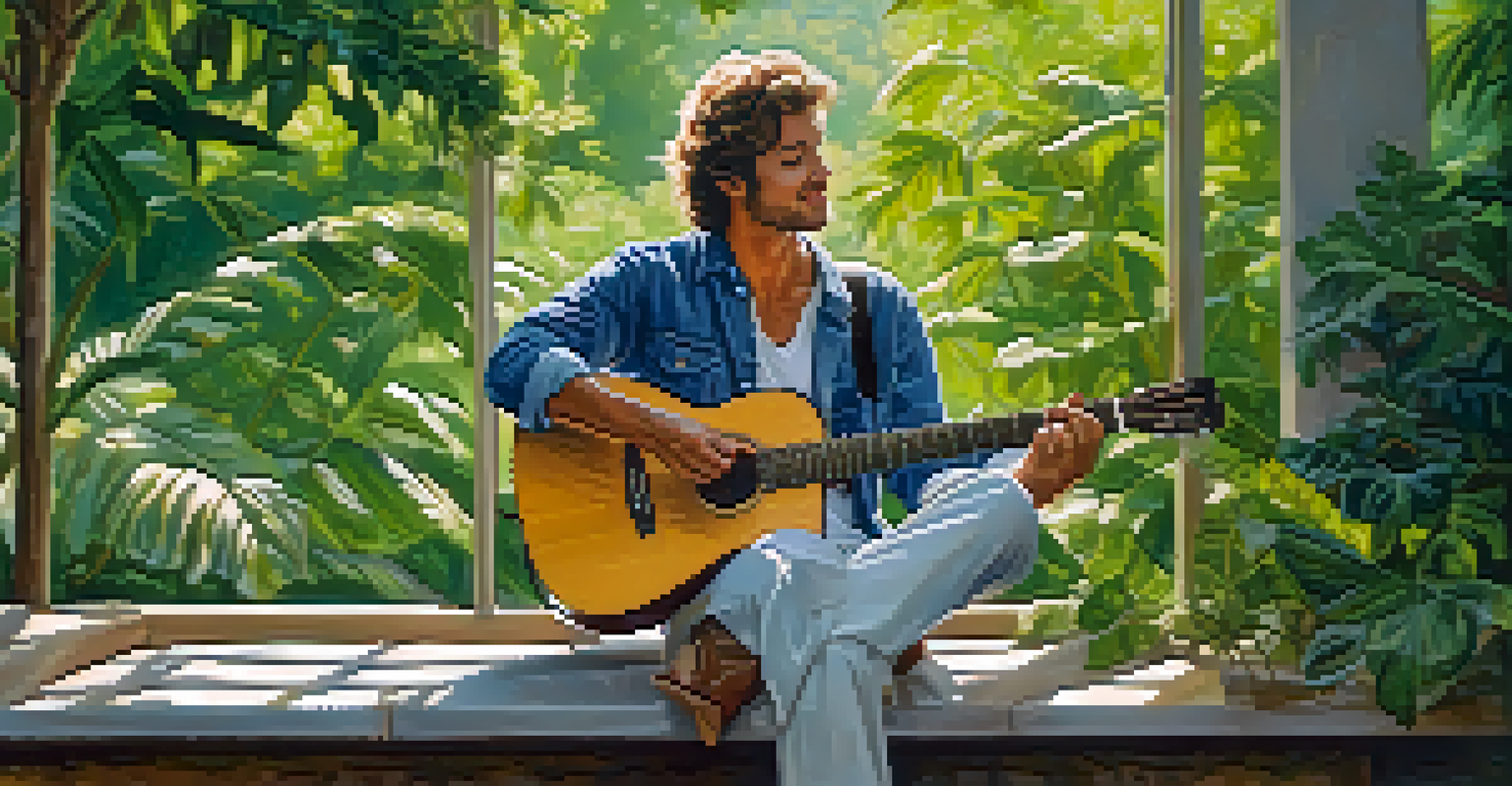 A guitarist stretching their fingers outdoors, surrounded by nature, emphasizing relaxation and preparation before playing.