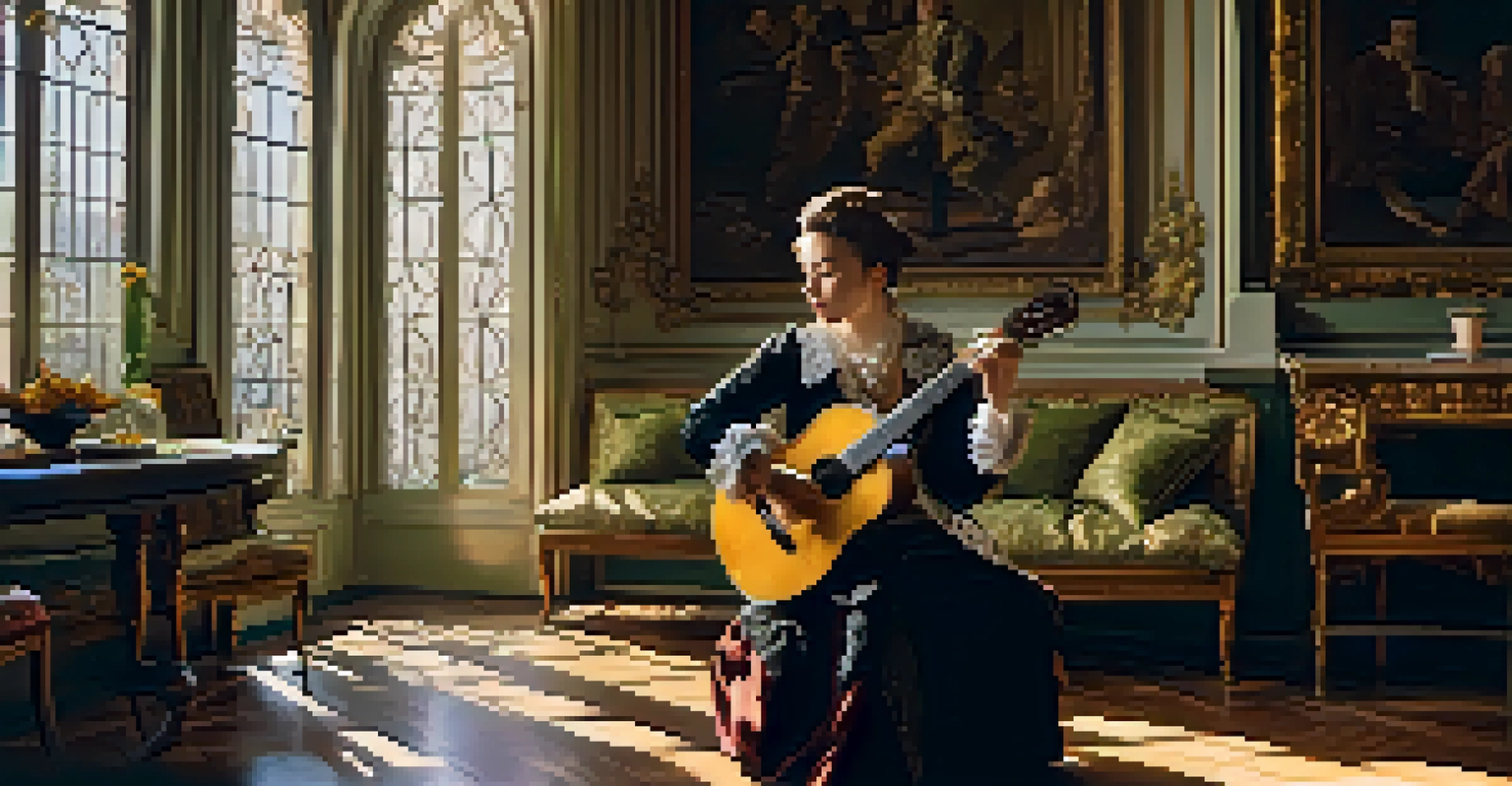 A Baroque musician in period clothing playing a six-string guitar in an ornate salon with sunlight streaming through windows.