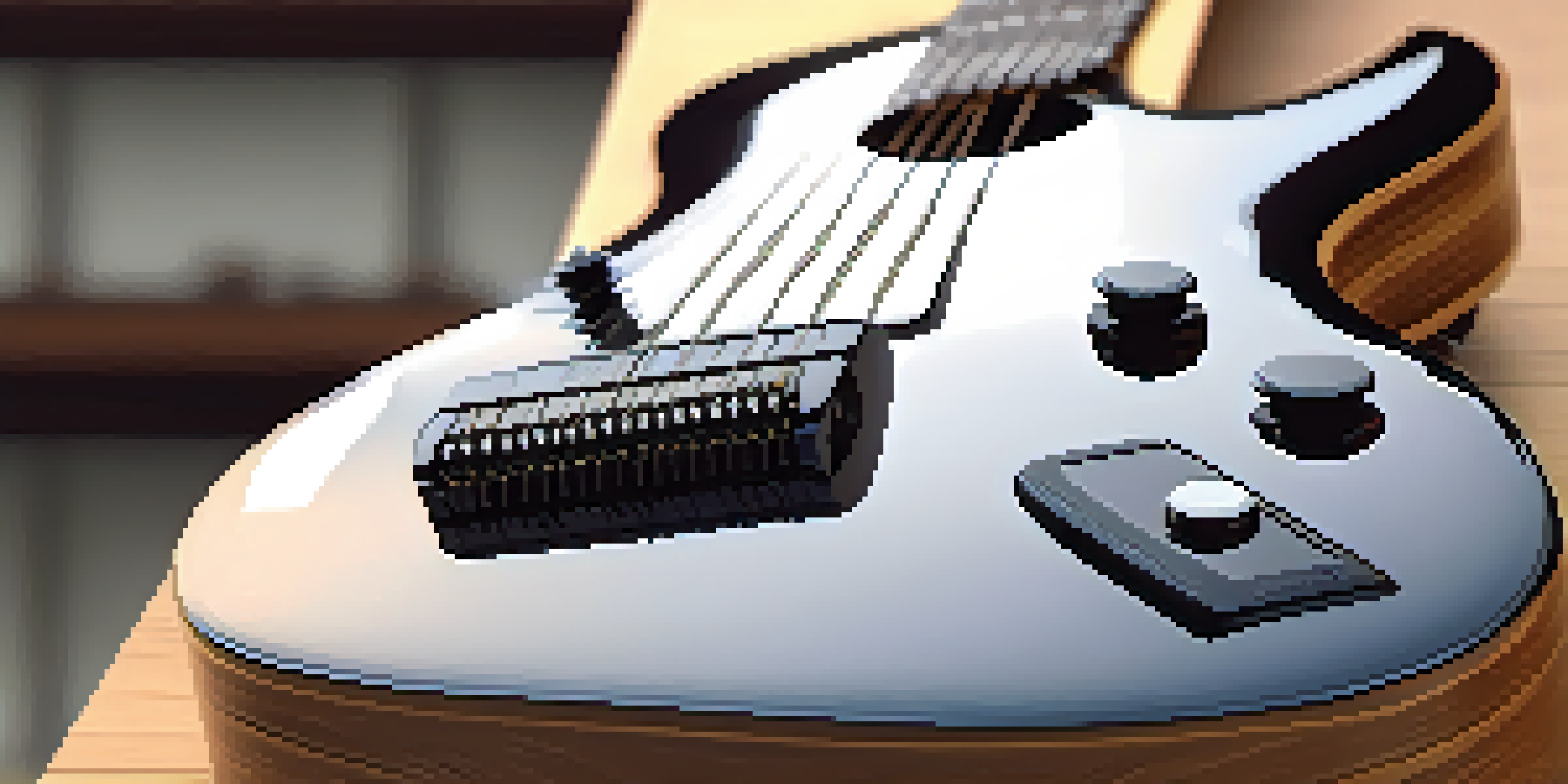 A modern smart guitar with a digital interface on a wooden surface, illuminated by soft natural light, surrounded by blurred music notes.