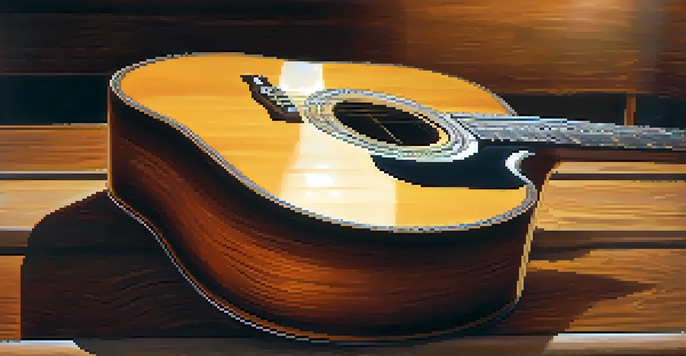 A vintage acoustic guitar on a wooden stage with warm lighting, blurred musicians in the background.