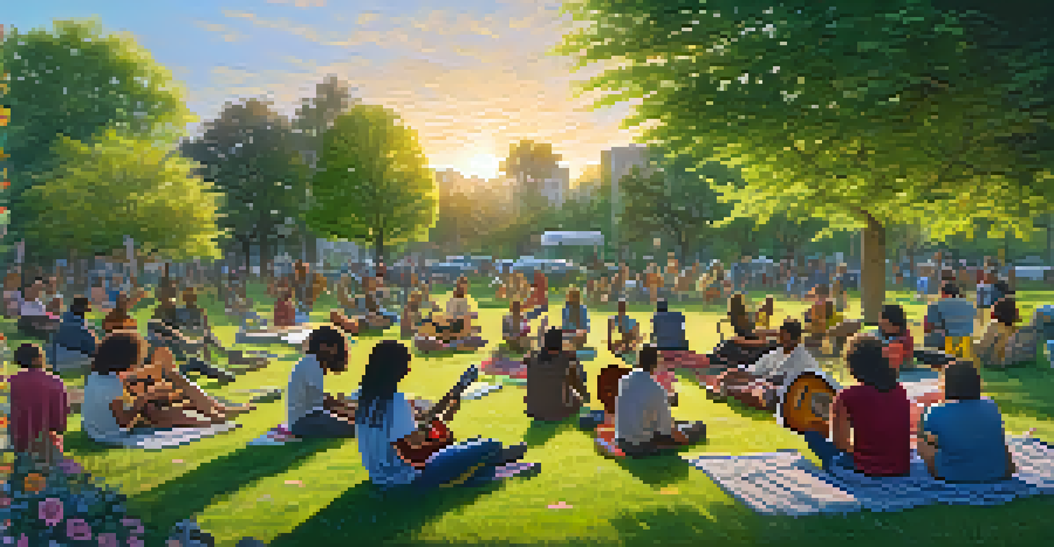 A diverse group of guitarists gathered in a park during sunset, playing guitars and sharing tips, with colorful blankets on the grass and a backdrop of greenery.