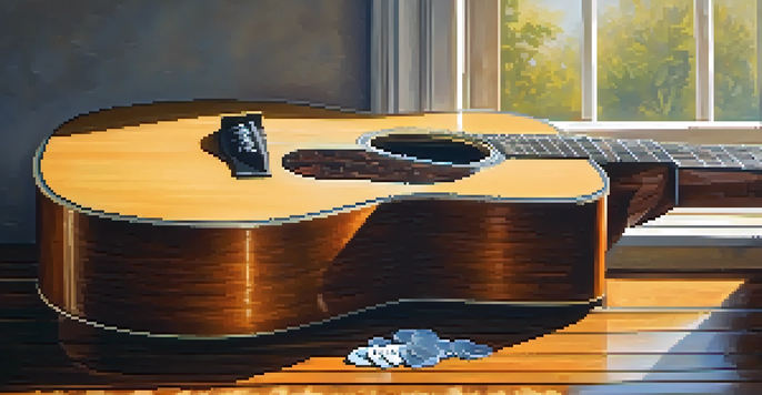 A close-up of an acoustic guitar on a wooden stage with natural light, showcasing the guitar's wood grain and scattered guitar picks.