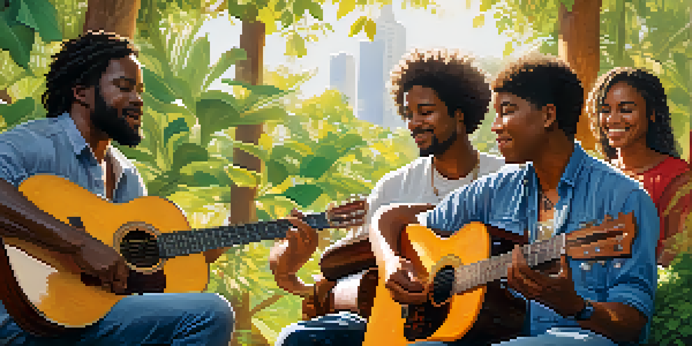 A diverse group of musicians playing acoustic guitars in a circle outdoors, surrounded by greenery and sunlight.