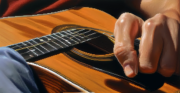 A close-up of a guitarist's hand strumming an acoustic guitar, showing the strings and hand movement in natural light.