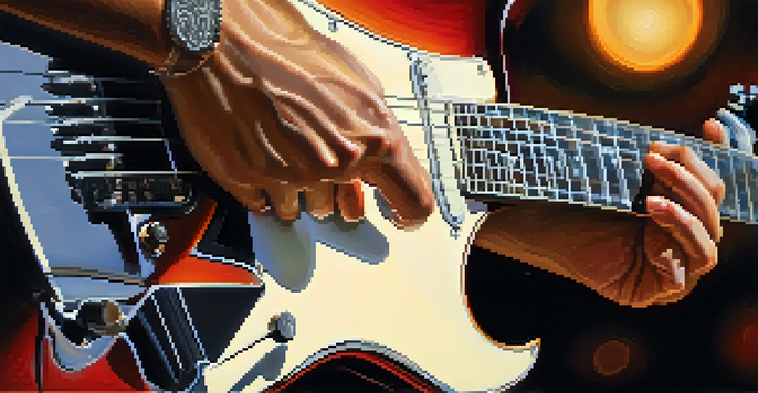 A close-up of a guitarist's hands playing an electric guitar, focusing on the finger positions on the fretboard.