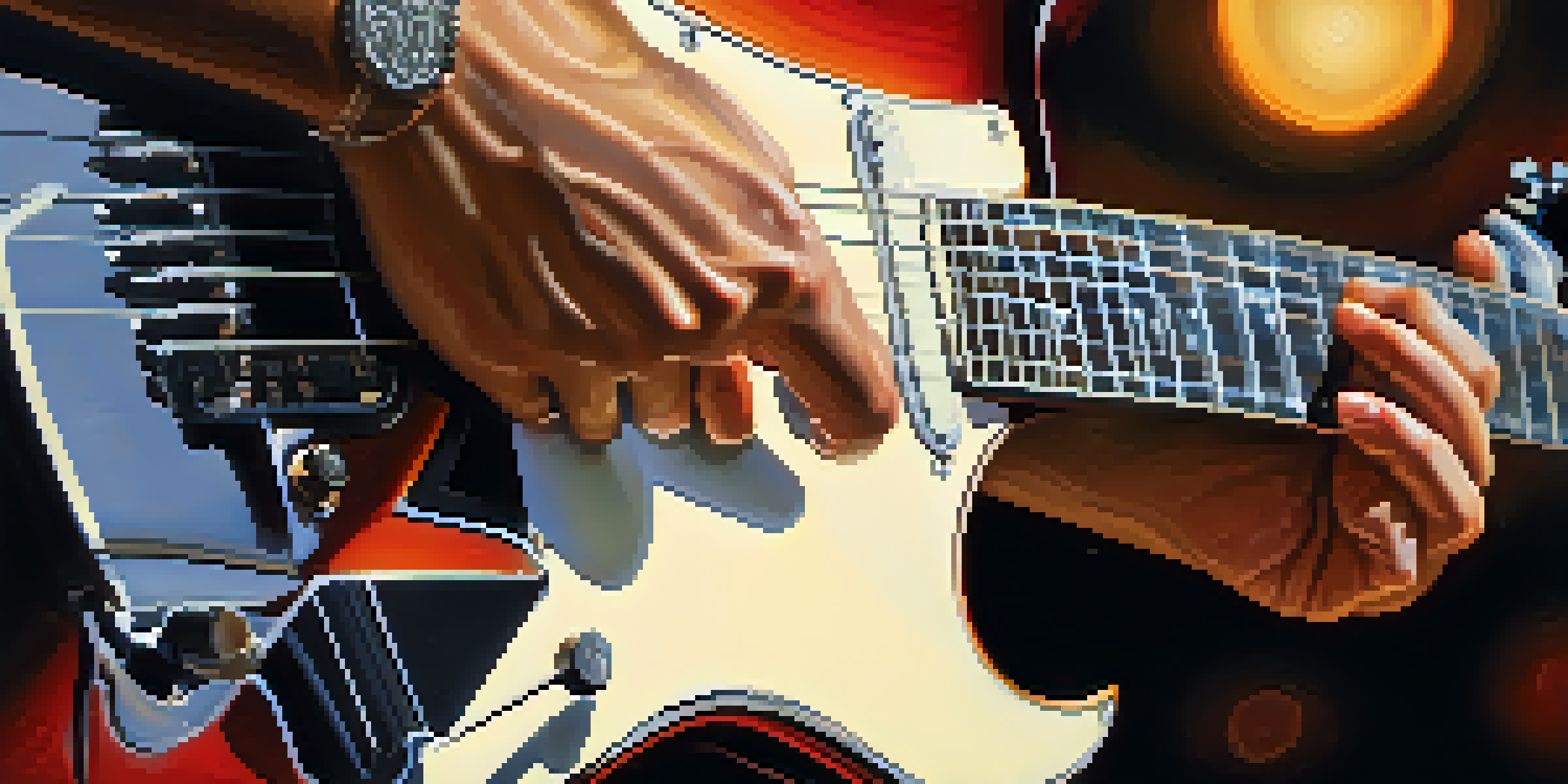 A close-up of a guitarist's hands playing an electric guitar, focusing on the finger positions on the fretboard.
