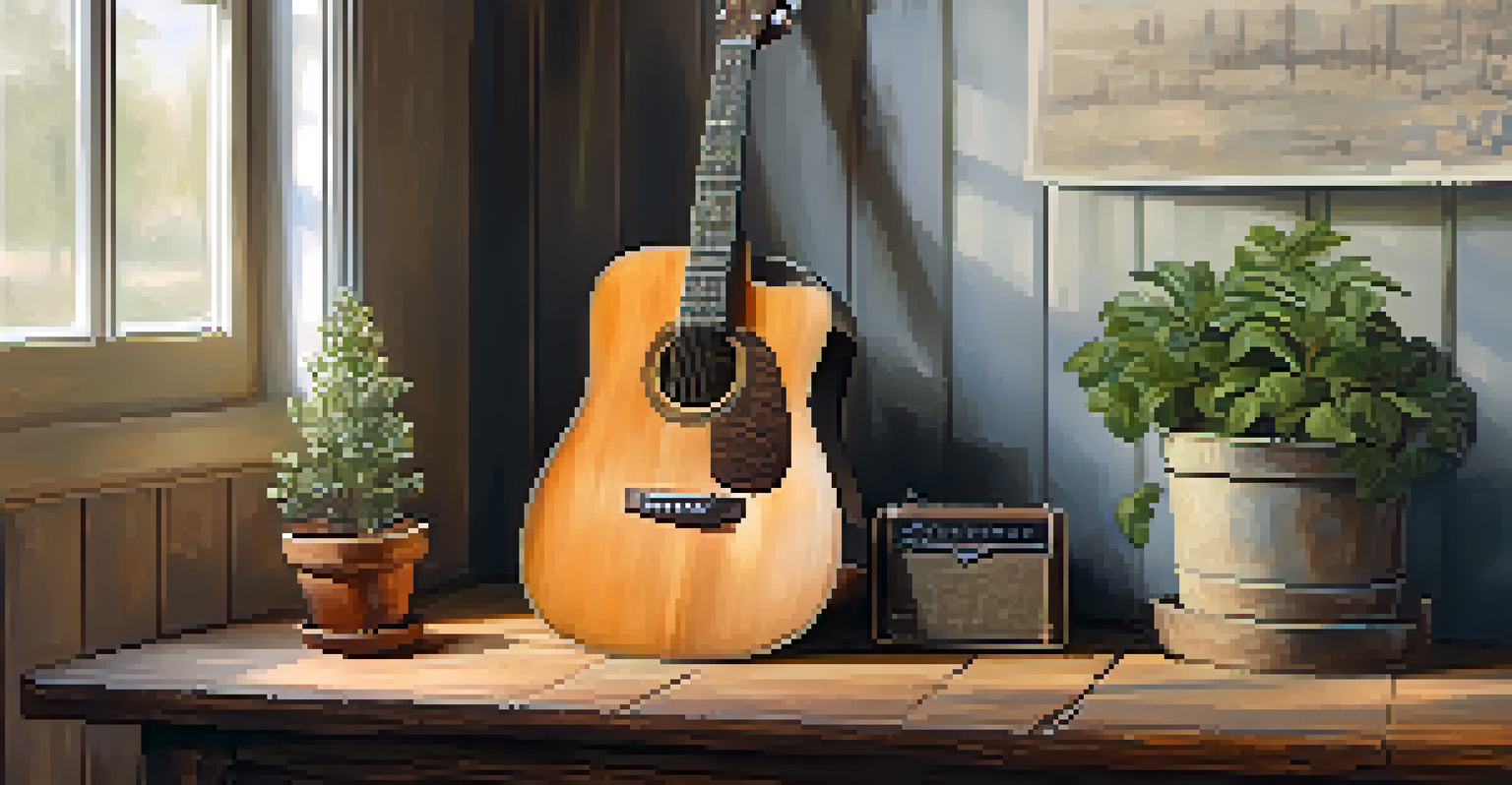 An acoustic guitar on a wooden table next to an overdrive pedal and a potted plant, illuminated by soft natural light.