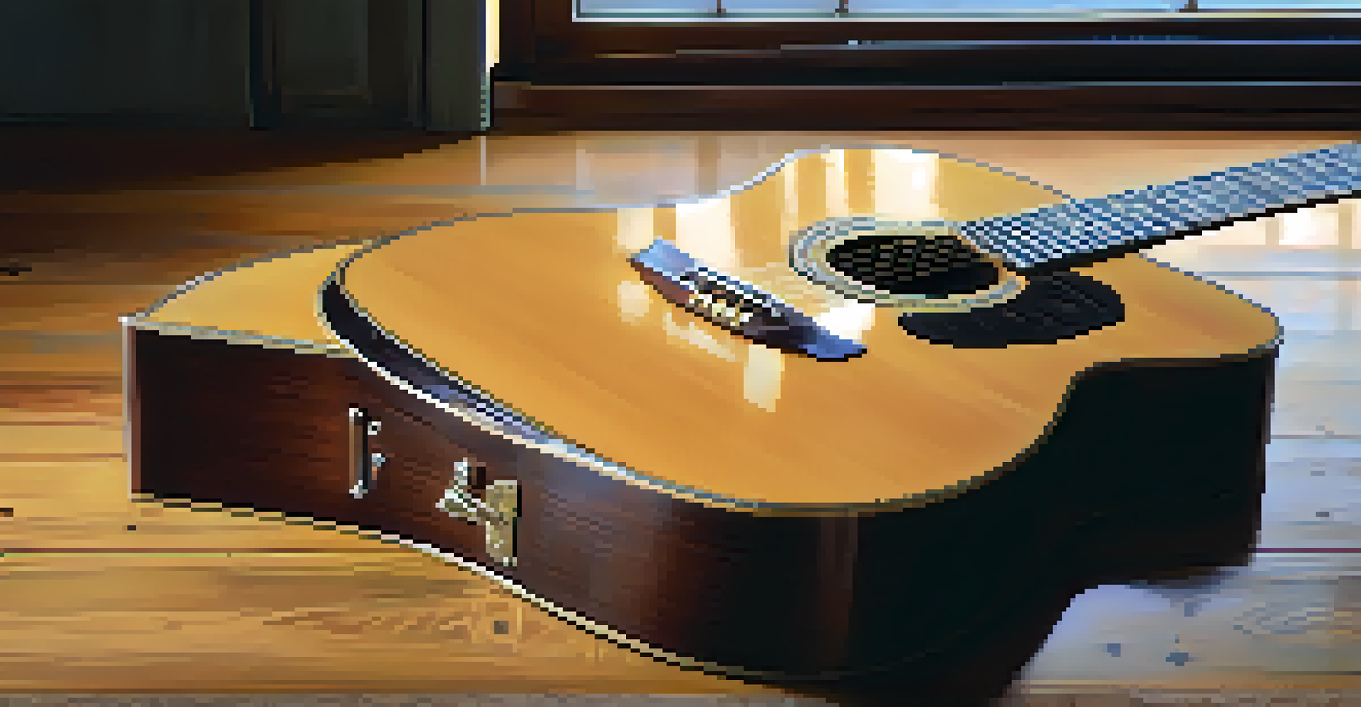 A close-up of a vintage acoustic guitar with C6 tuning on a rustic wooden table, featuring a steel slide and warm natural lighting.