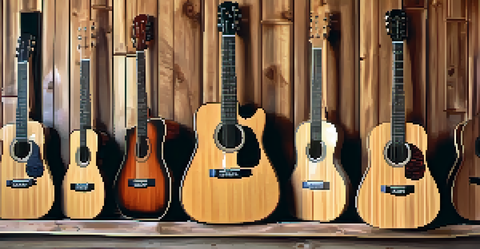 A collection of eco-friendly guitars made from bamboo and hemp displayed against a rustic wooden background.