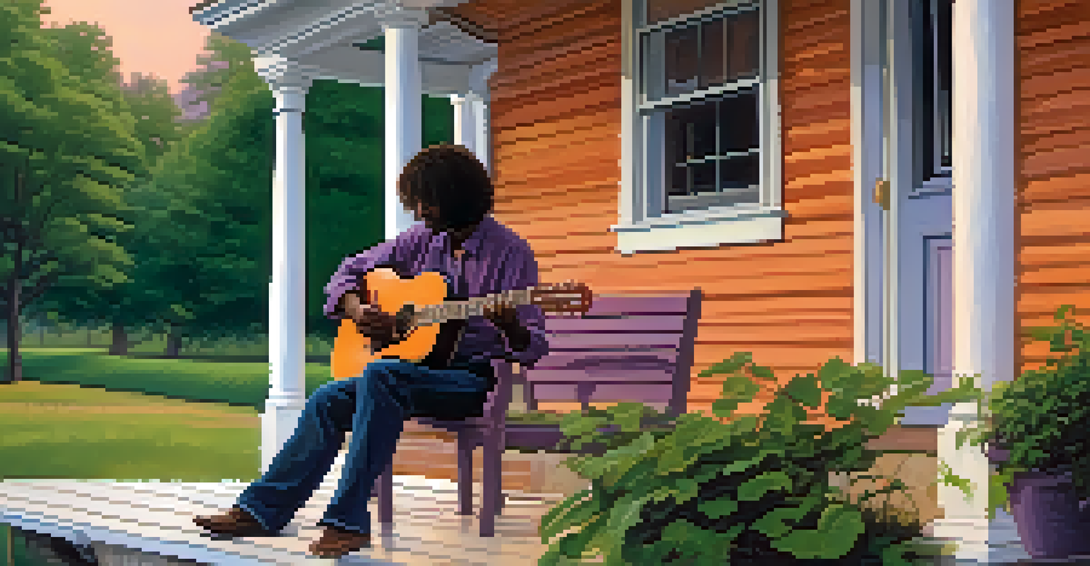 A musician sitting on a porch during sunset, playing an acoustic guitar, surrounded by lush trees and a colorful sky.