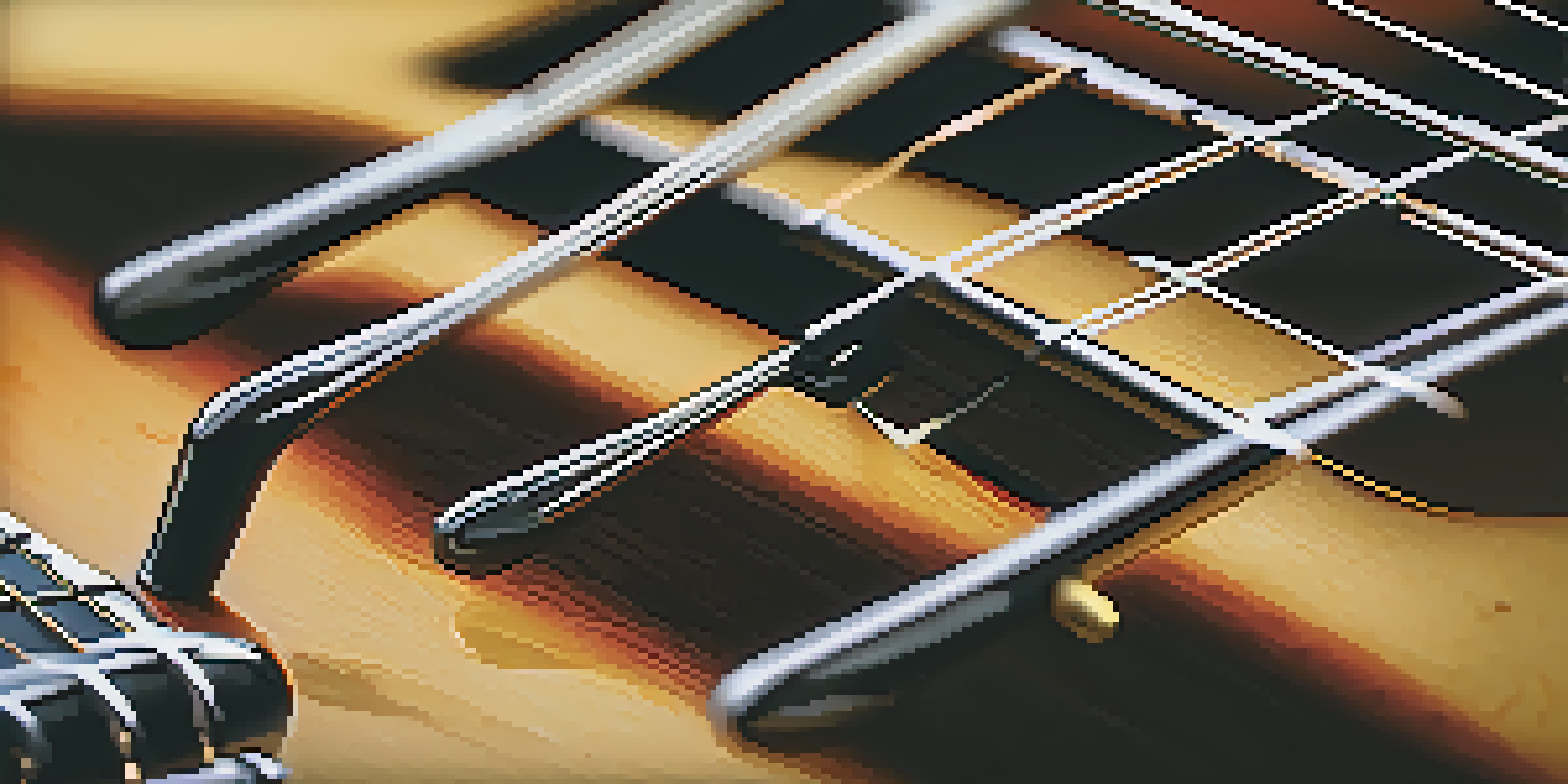 A close-up view of a guitar fretboard showing fingers playing the A melodic minor scale, with soft lighting and a warm color palette.