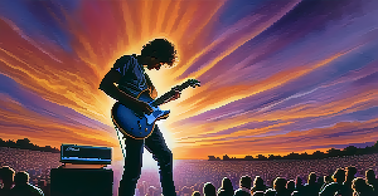 A guitarist performing on stage during sunset with colorful sky, and an audience in silhouette enjoying the show.