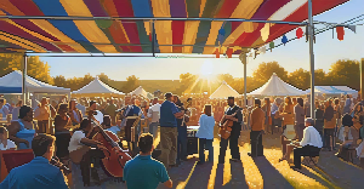 A lively outdoor bluegrass festival with musicians on stage and an engaged audience.
