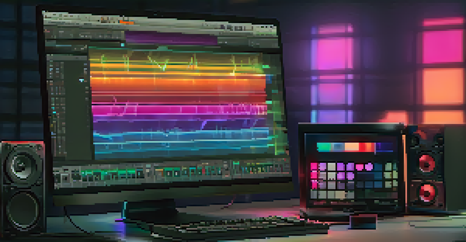 A digital audio workstation interface on a computer screen with a MIDI controller and guitar beside it.