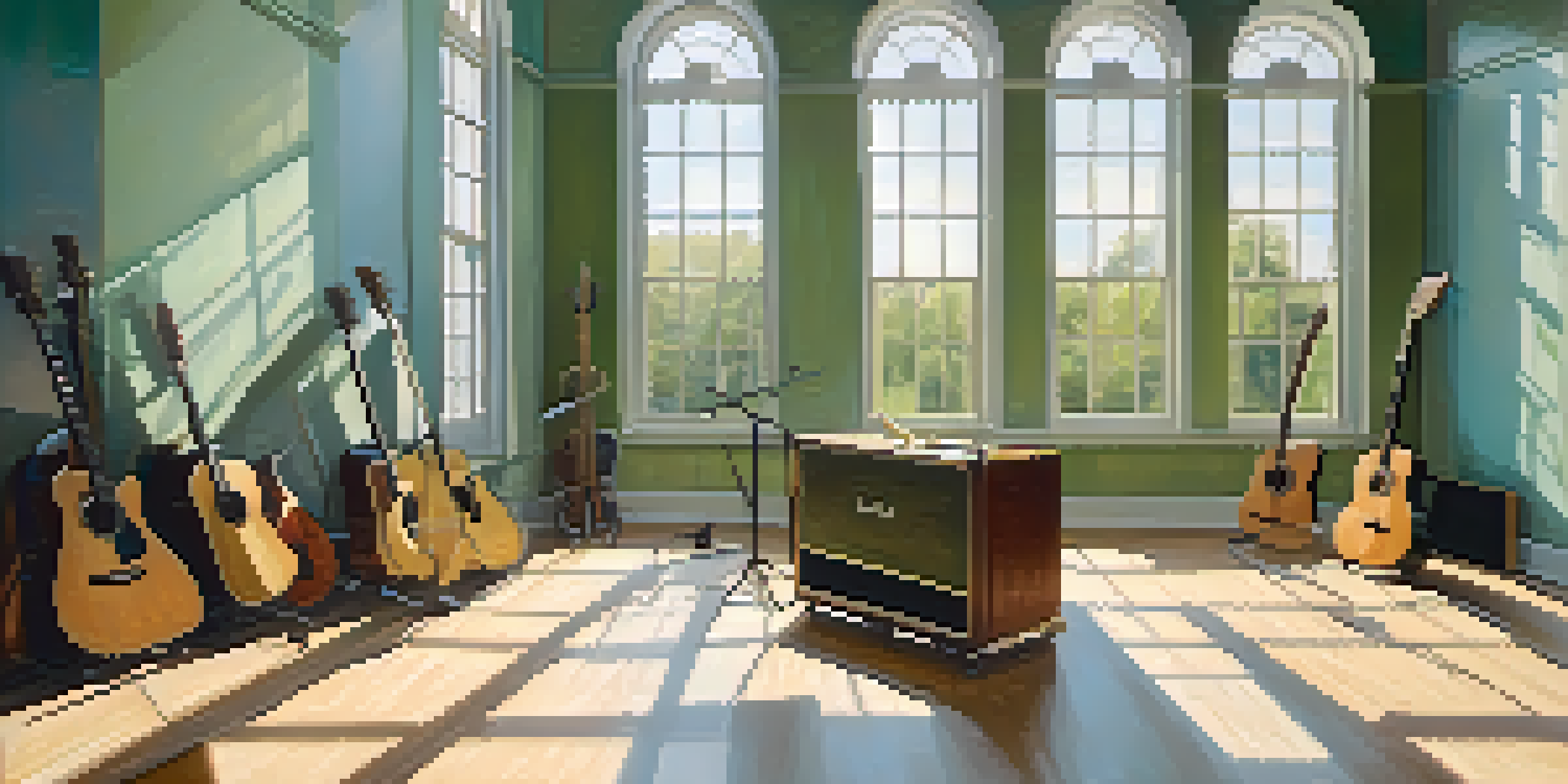 A bright rehearsal space with an irregular shape, decorated in soothing blue and green tones and filled with natural light.