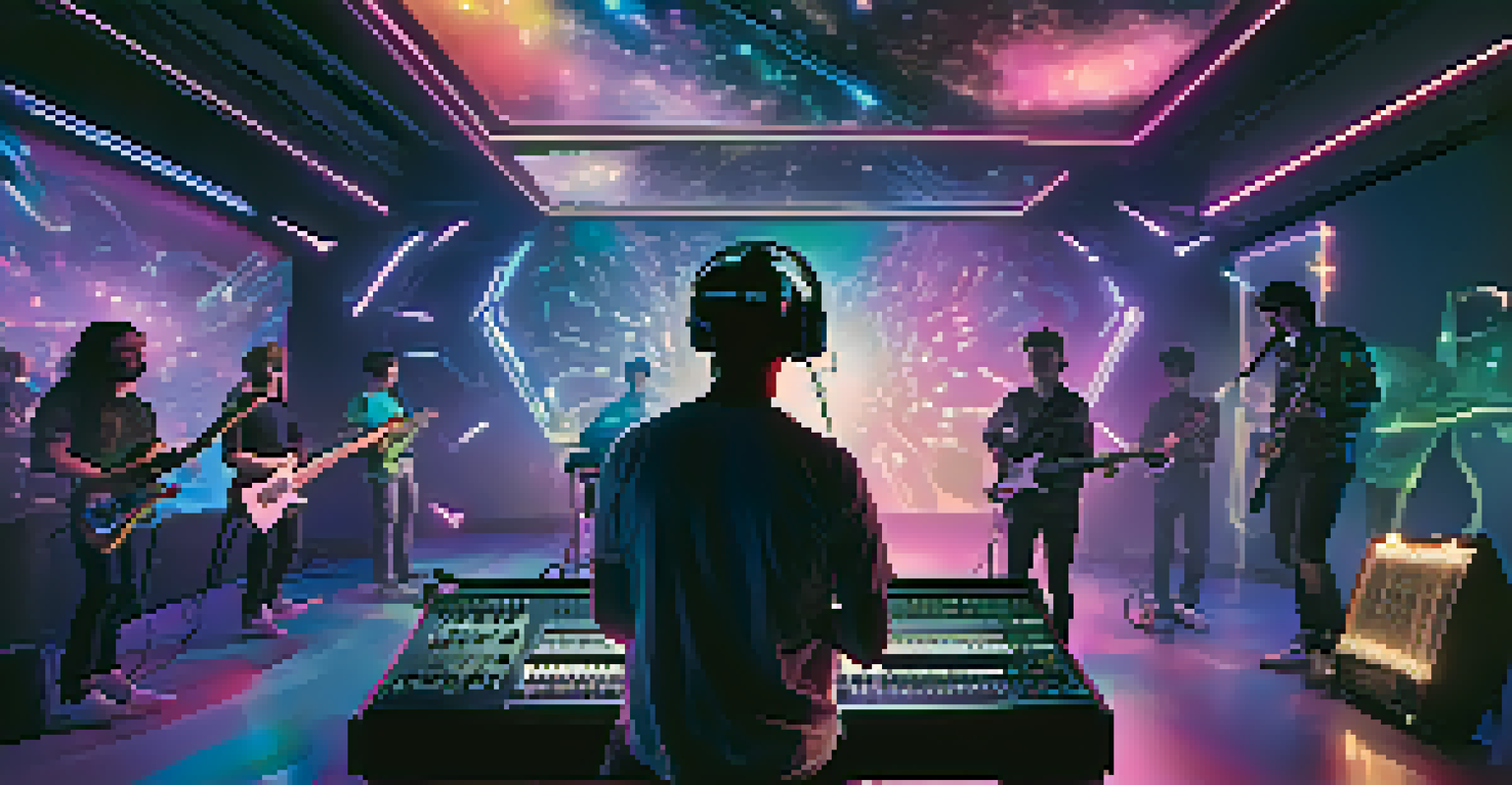 A musician jamming in a virtual reality space, surrounded by digital instruments and holographic interfaces.