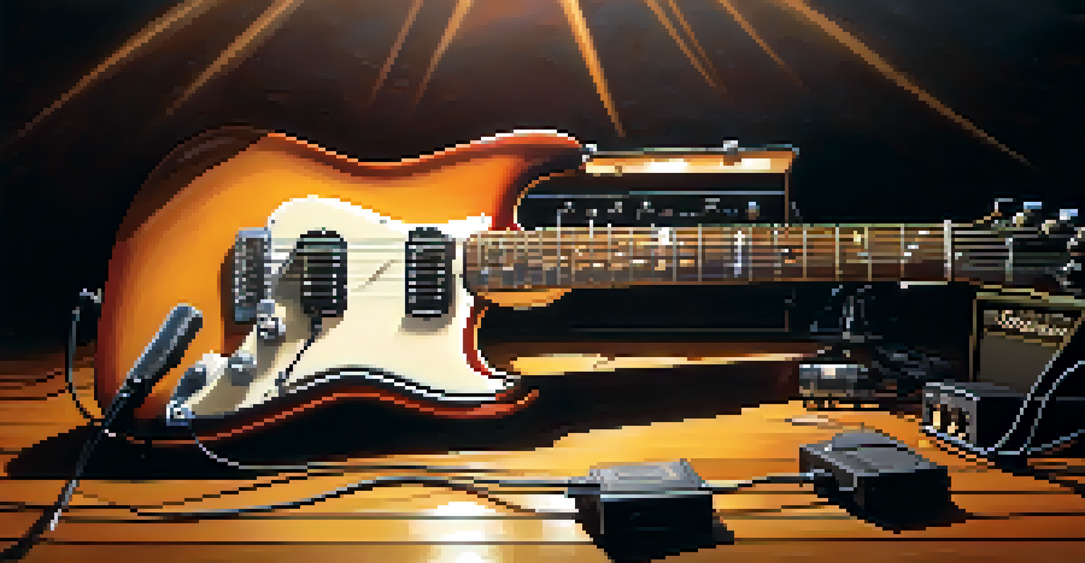An electric guitar resting on a wooden stage, surrounded by illuminated guitar pedals, creating a warm and inviting scene.